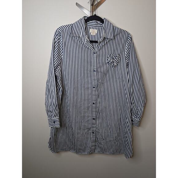 Kate Spade Button Up Pajama Shirt Size M Blue White Striped Heart Ruffle - Picture 1 of 10